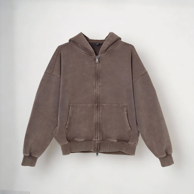 Brown color option for Recycled polyester zip-up fleece hoodie jacket