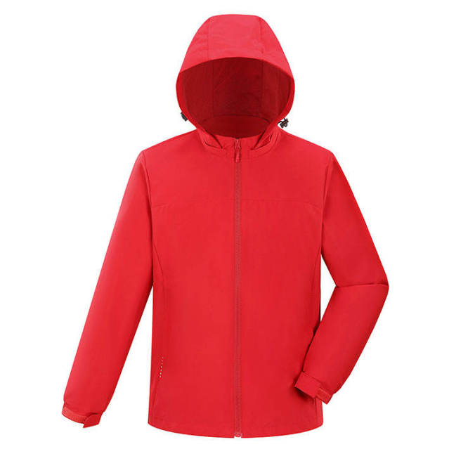 Red color option for Recycled polyester hooded outdoor jacket