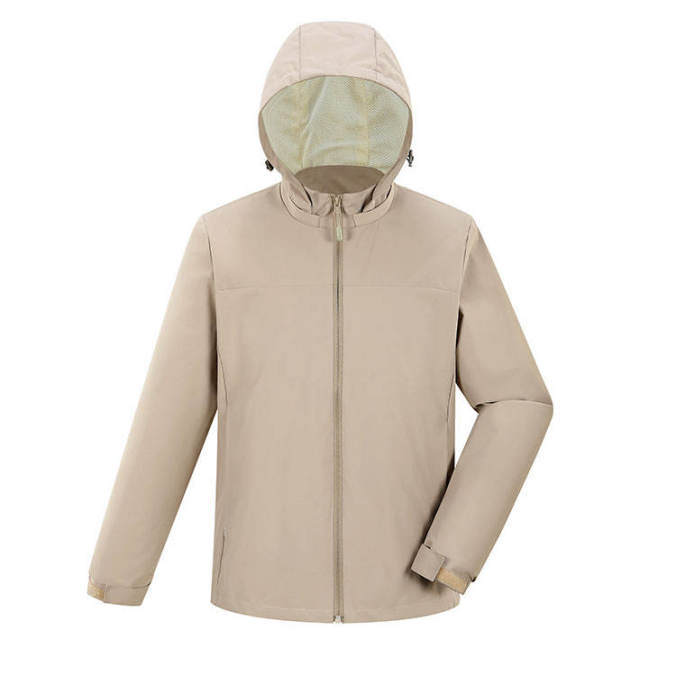 Khaki color option for Recycled polyester hooded outdoor jacket