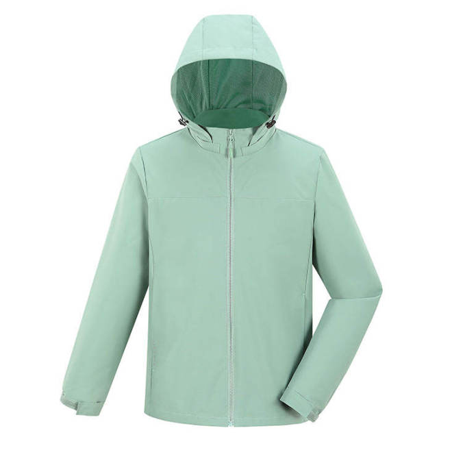 Pea green color option for Recycled polyester hooded outdoor jacket