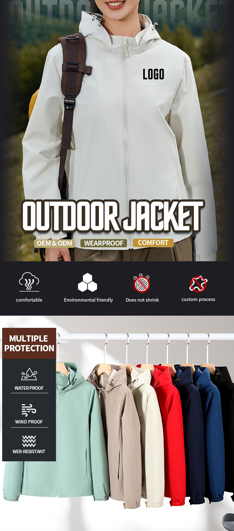 Recycled polyester hooded outdoor jacket supplier product detail image 1