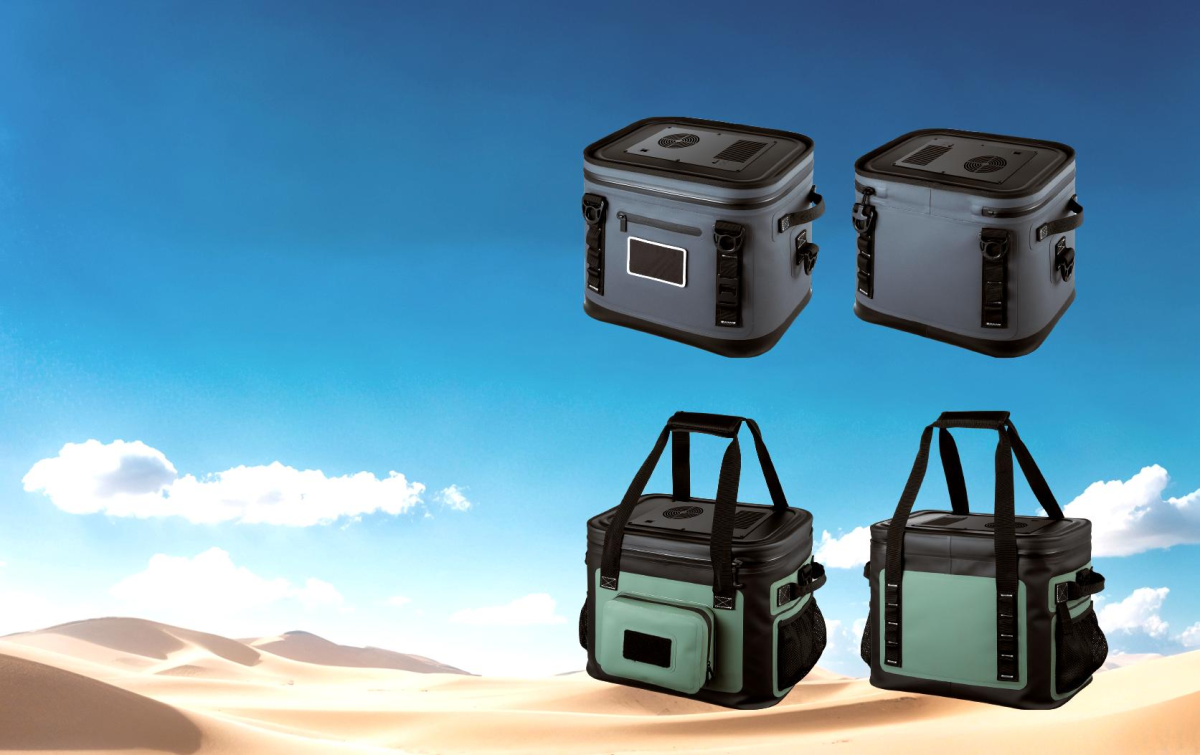 Soft thermoelectric cooler and warmer bags shown in outdoor product configurations
