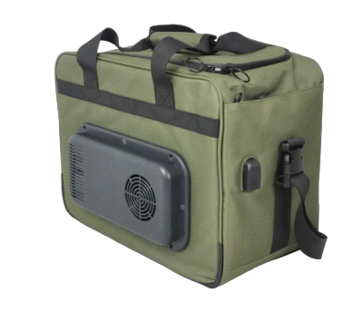 Green soft thermoelectric cooler and warmer bag with carry handles, shoulder strap and external fan module