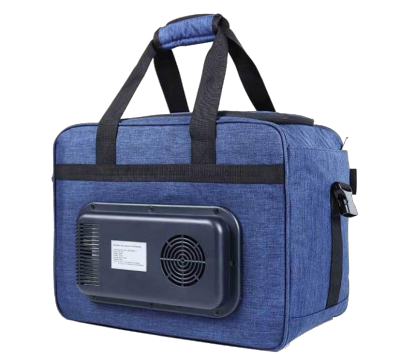 Blue soft thermoelectric cooler and warmer bag with carry handles and external ventilation module