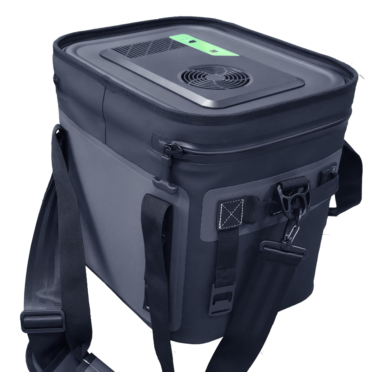 Black thermoelectric cooler-warmer bag close view showing lid controls and ventilation