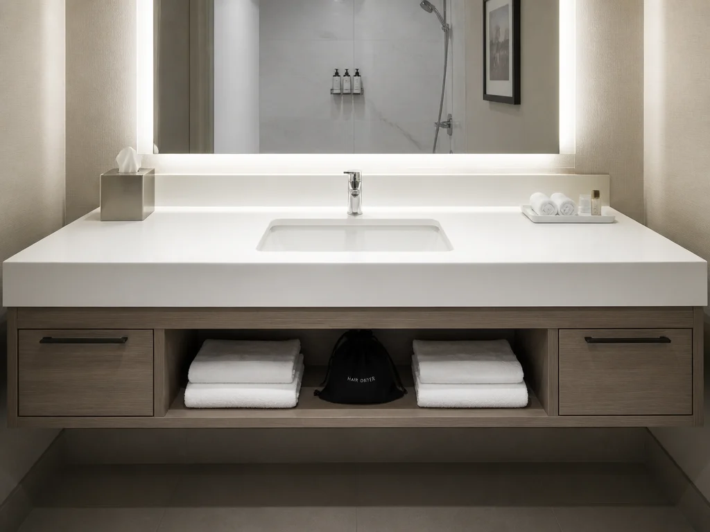 Bathroom vanity with a finished painted surface and integrated basin