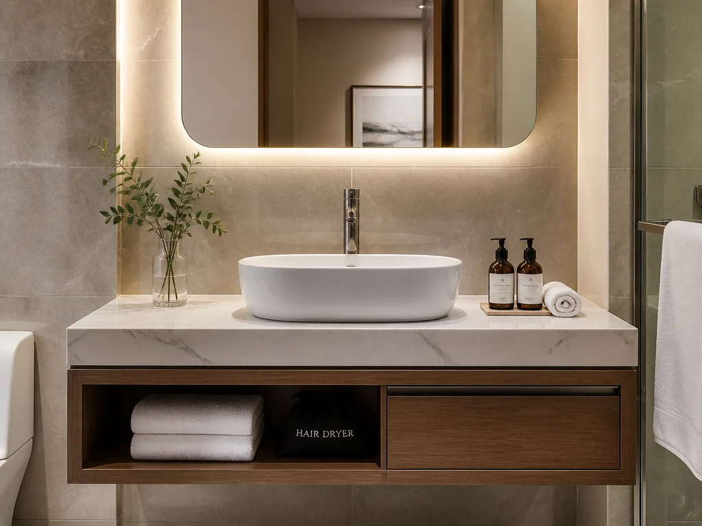 Bathroom faucet coordinated with a ceramic basin, vanity and visible bathroom finishes