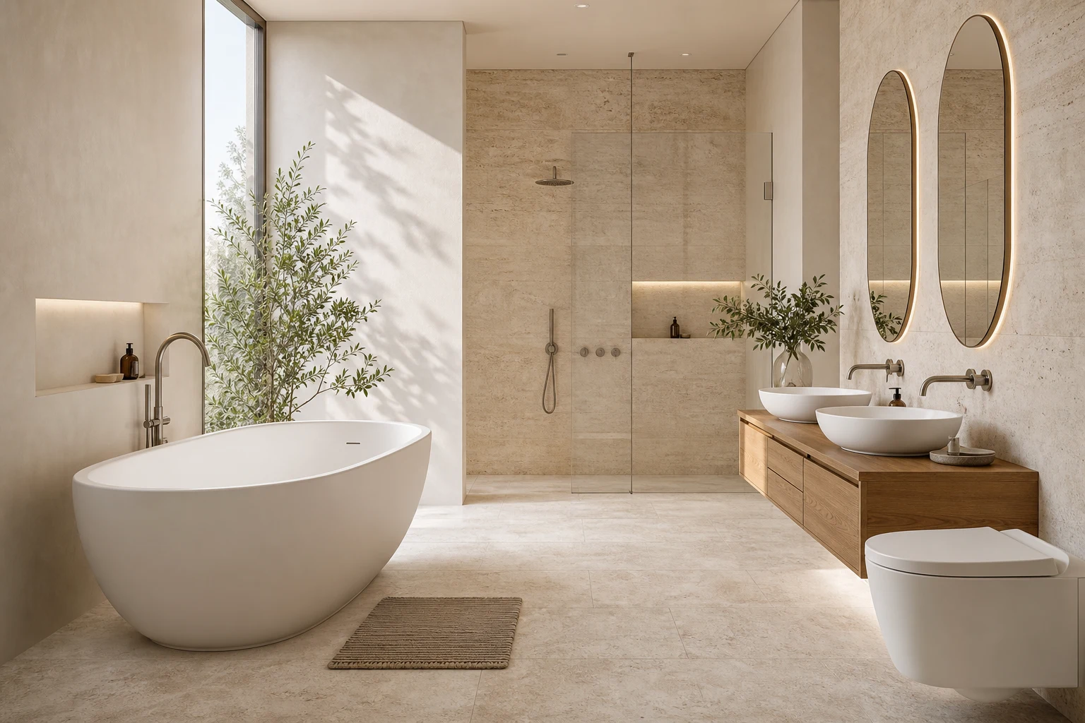 Contemporary bathroom with bathtub, double vanity and shower