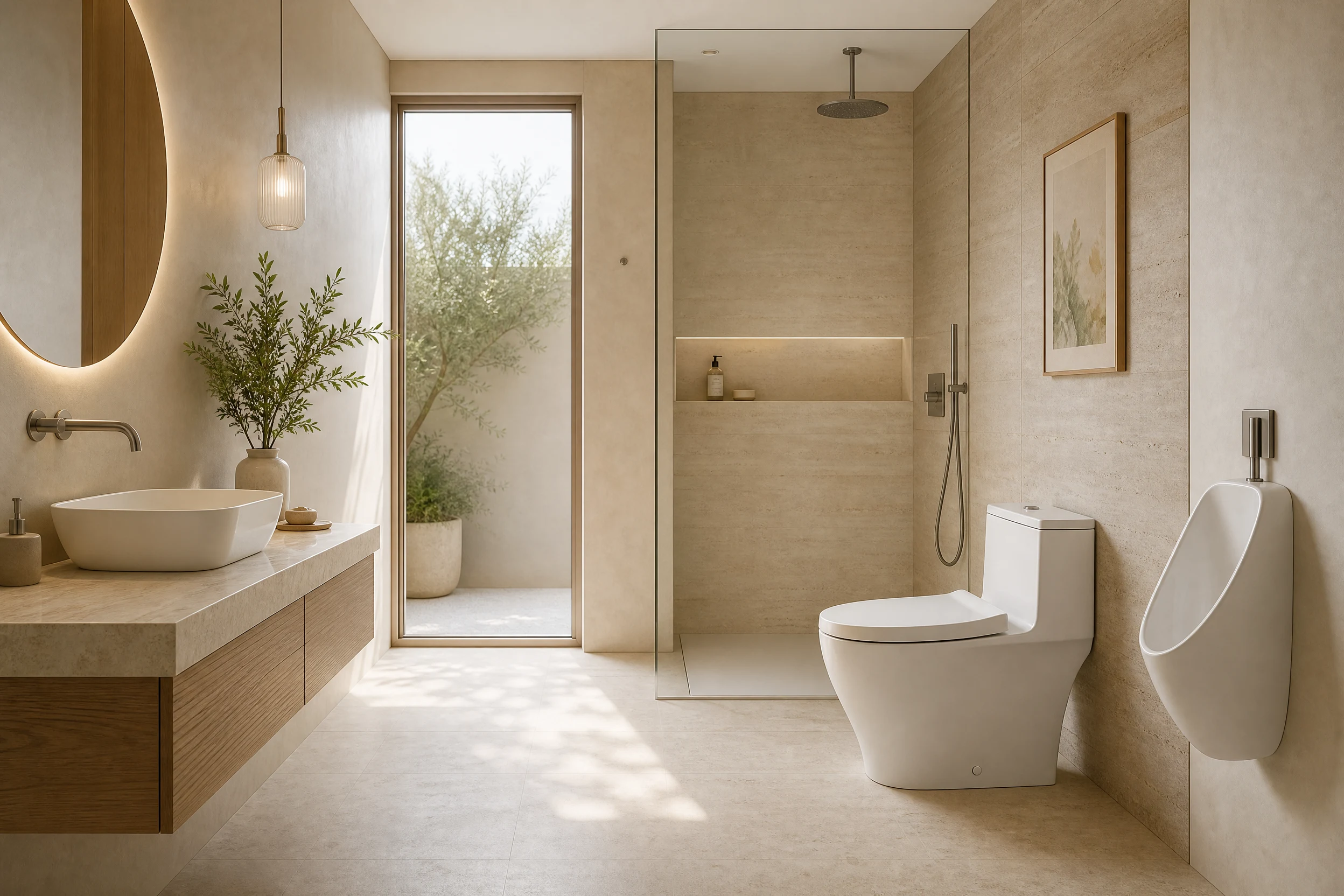 Contemporary bathroom with toilet, urinal, basin and shower