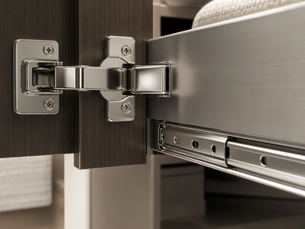 Soft-close hinge and concealed drawer runner hardware for a bathroom vanity