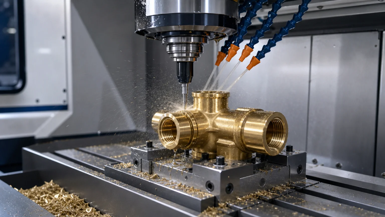 CNC machining of a faucet body inside the MICAWA factory