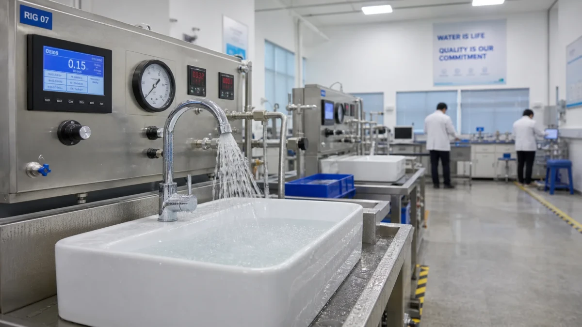 Product testing laboratory with faucet water-flow rigs and ceramic basin leak testing at MICAWA