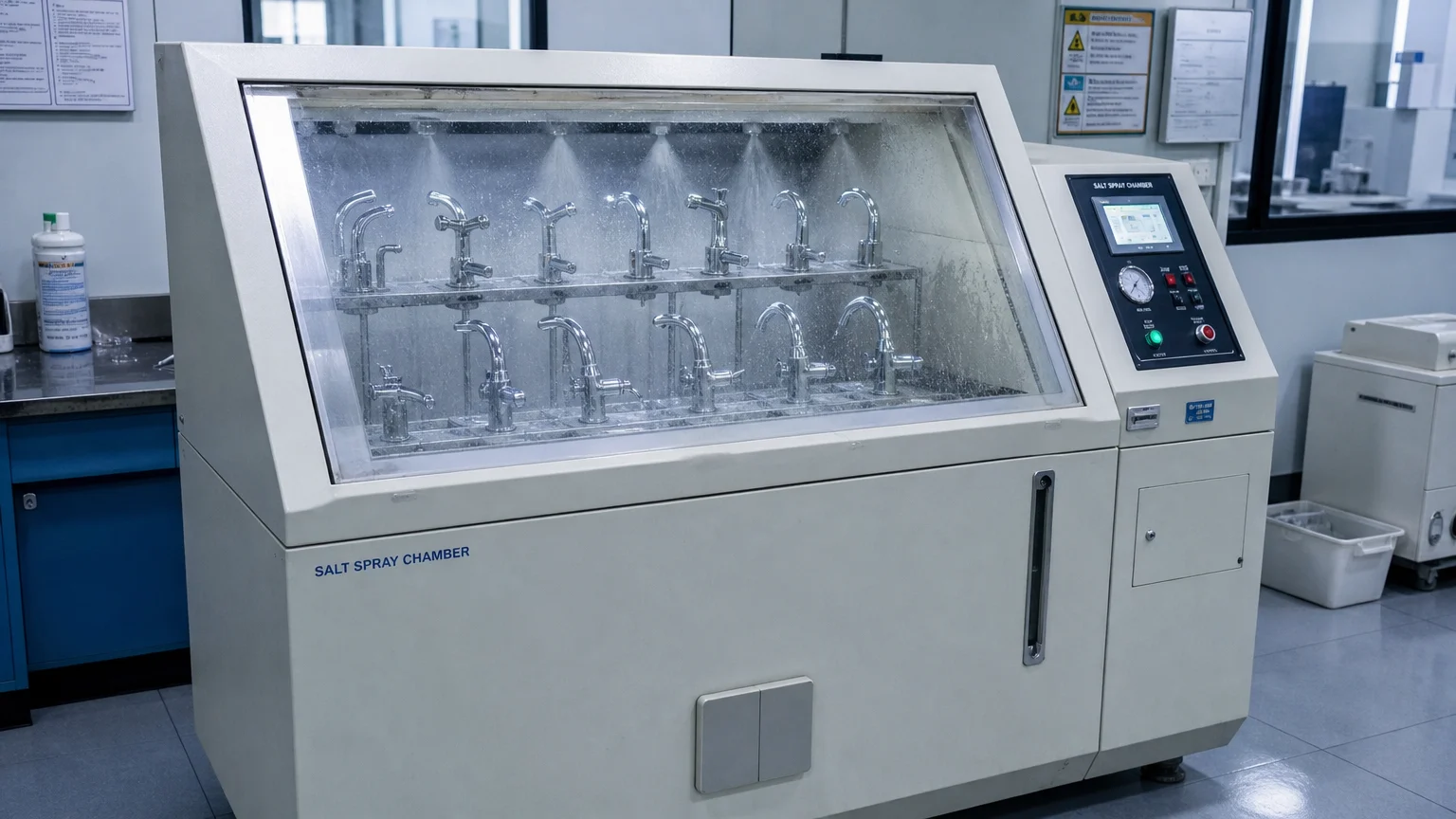 Salt-spray chamber with faucet samples for corrosion-related evaluation