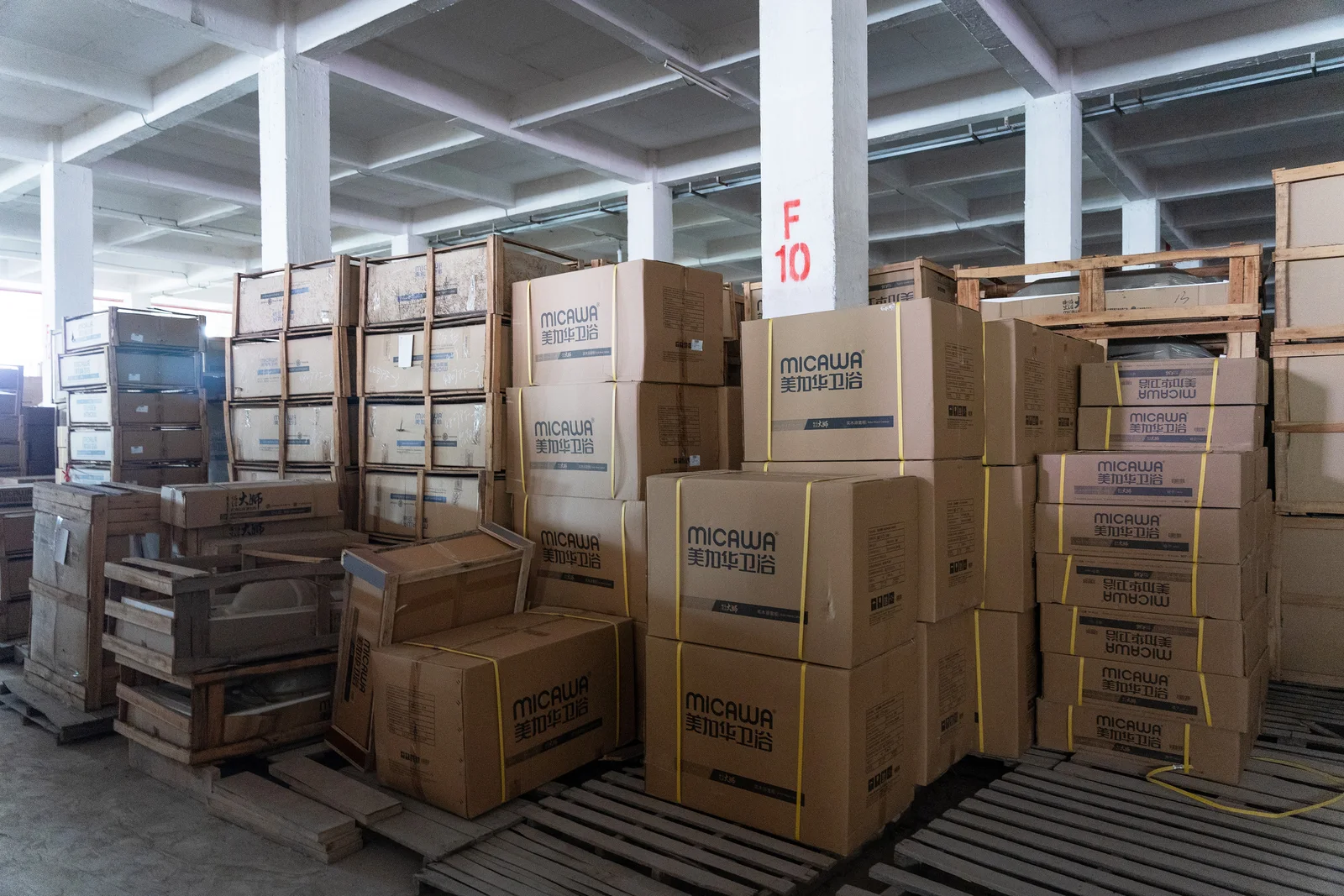Packed MICAWA bathroom products prepared in the finished-goods warehouse