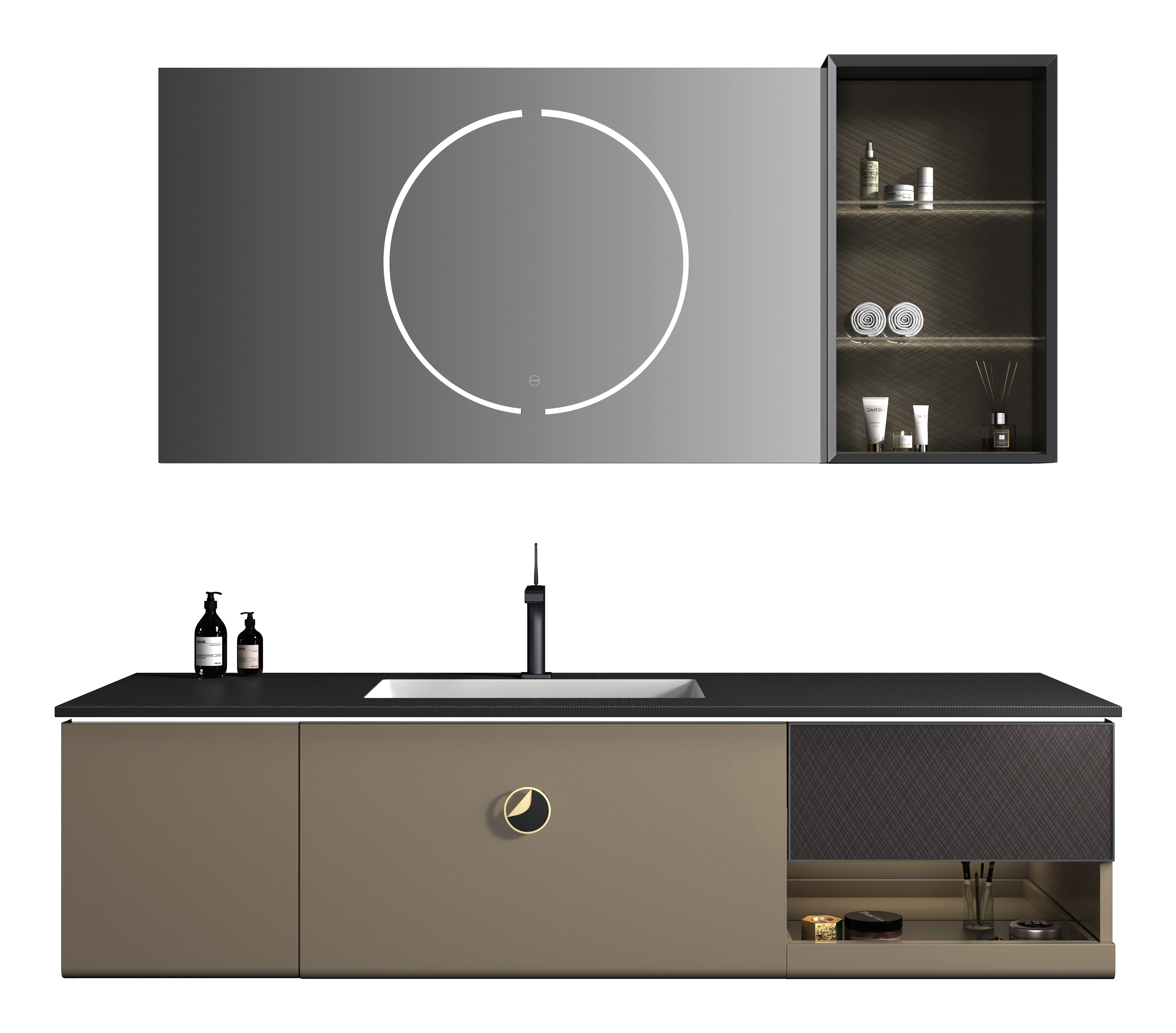Extended bathroom furniture system with mirror and storage cabinet