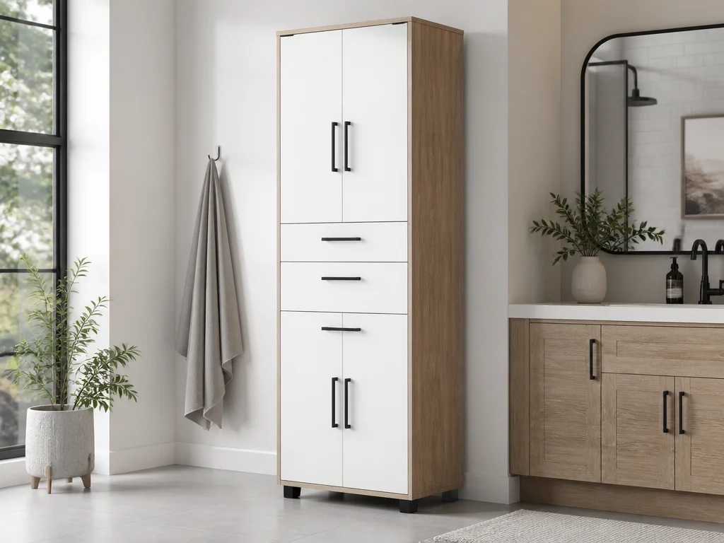 Bathroom storage cabinet for coordinated residential bathroom spaces