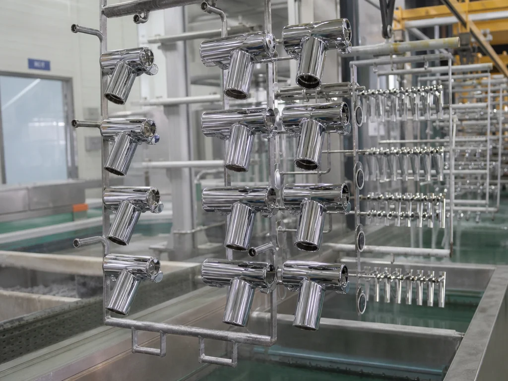 Chrome faucet bodies on plating racks inside a factory electroplating line