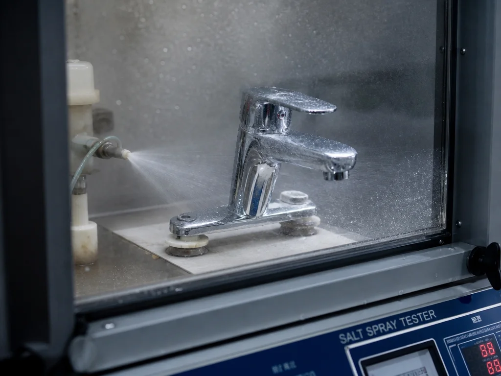Faucet salt spray corrosion testing in a laboratory chamber
