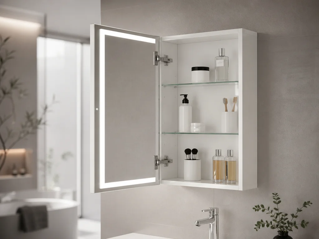 LED smart mirror cabinet with organized bathroom storage