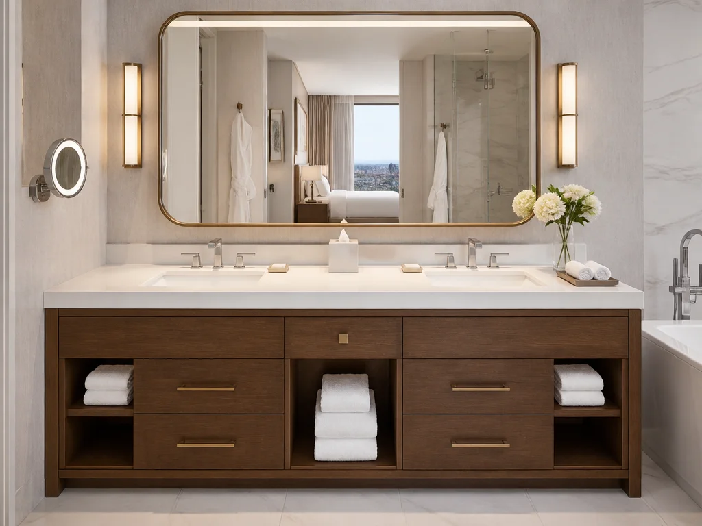 Double-basin vanity for hotel suites and premium spaces
