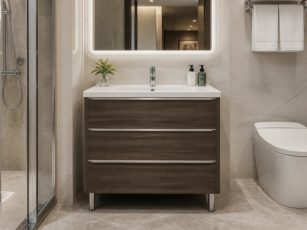 Floor-standing bathroom vanity with storage for hotel bathrooms