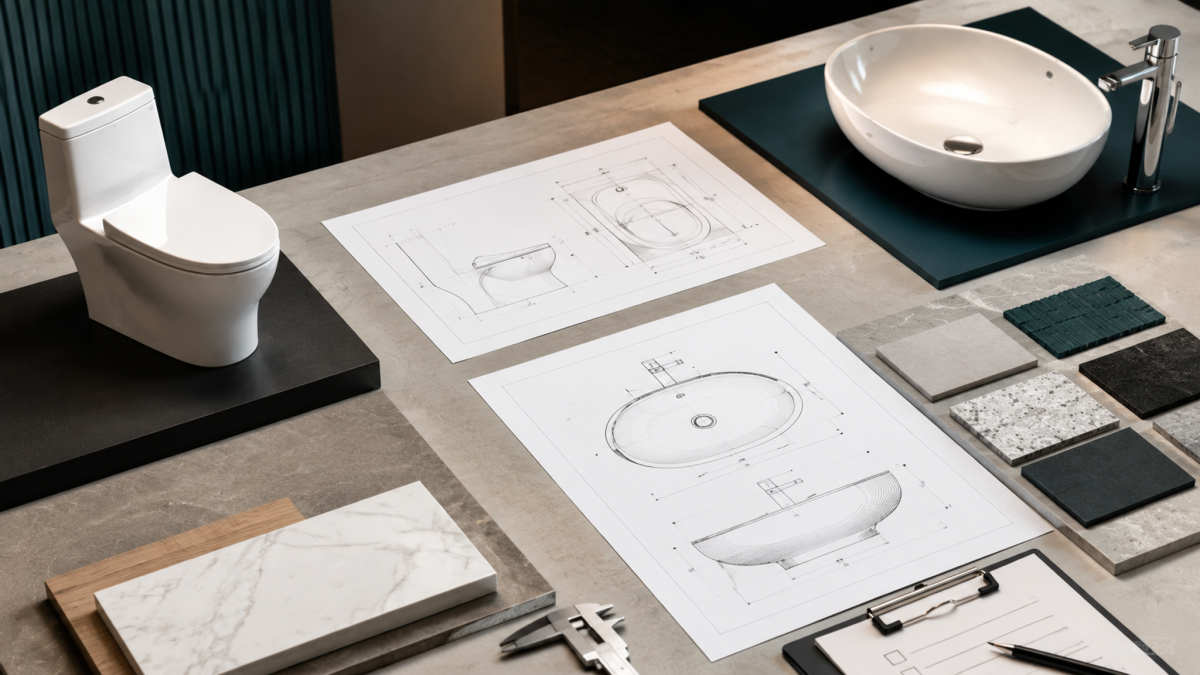 Illustrative sanitary ware sourcing desk with toilet and basin drawings, samples and inspection tools