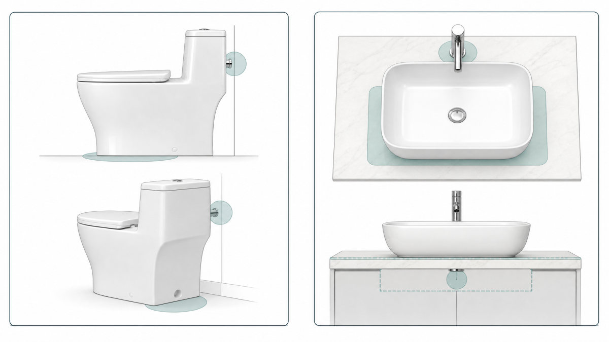 Illustrative specification board highlighting toilet and basin interface review zones without showing assumed pipework