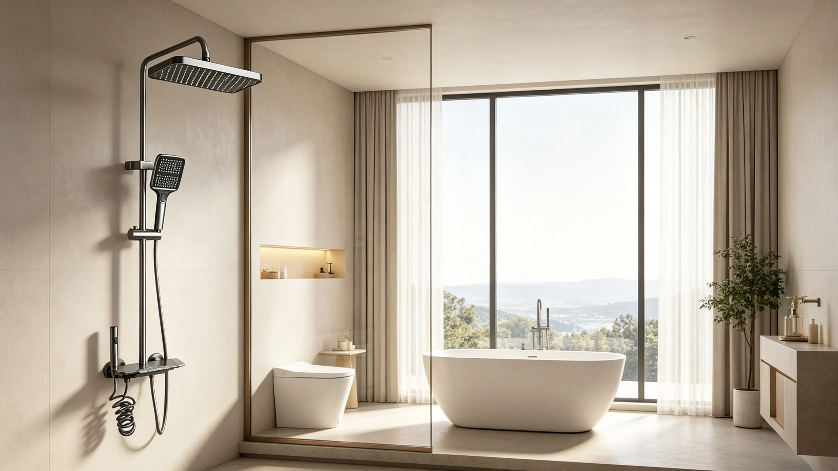 Hotel bathroom fixtures coordinated across shower, bath and basin zones