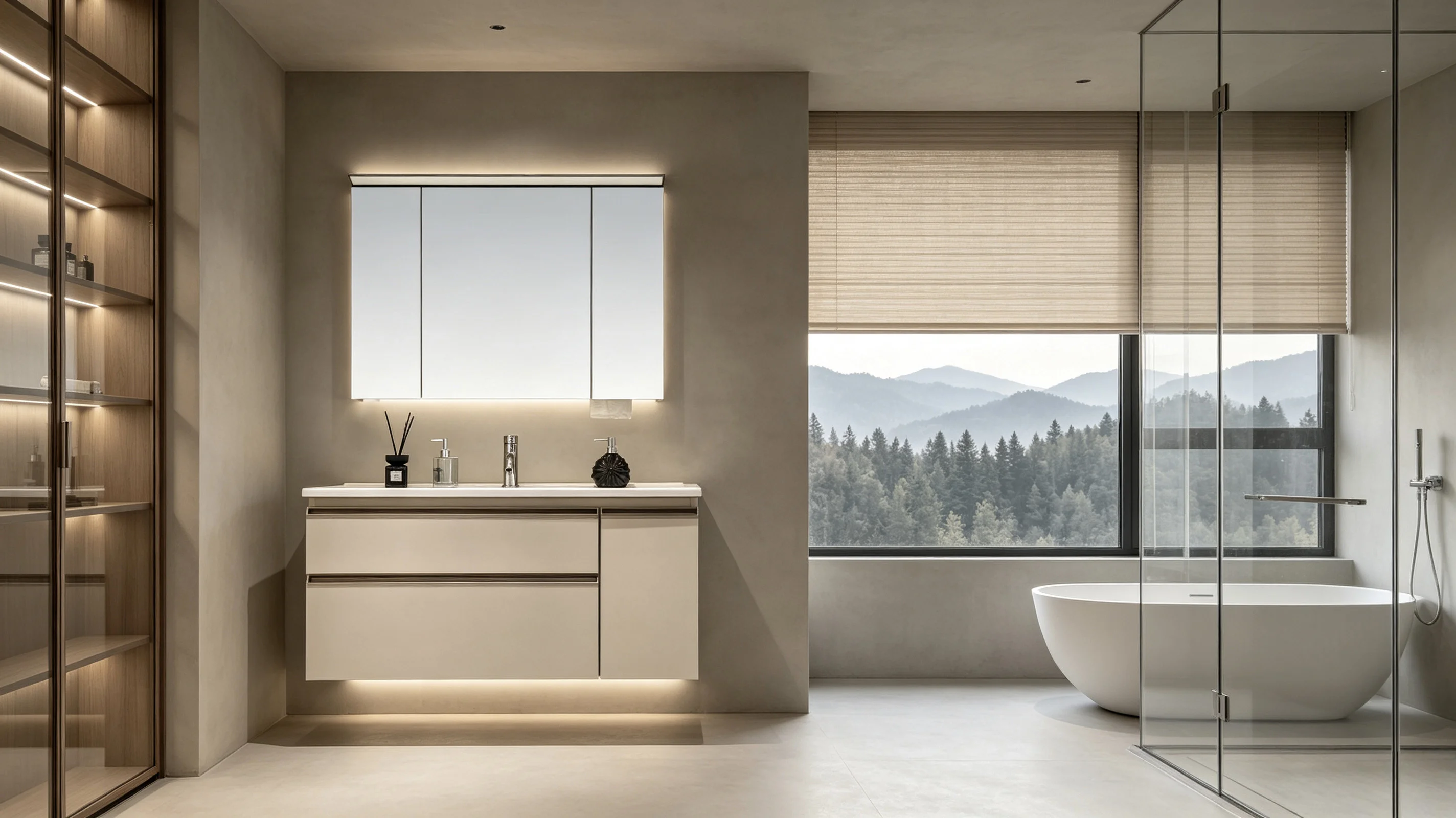 Residential bathroom furniture with storage and integrated vanity