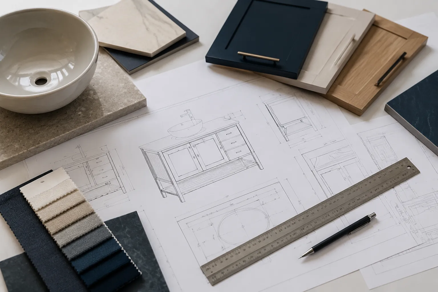 Custom bathroom vanity development drawings, finish samples and basin evaluation materials