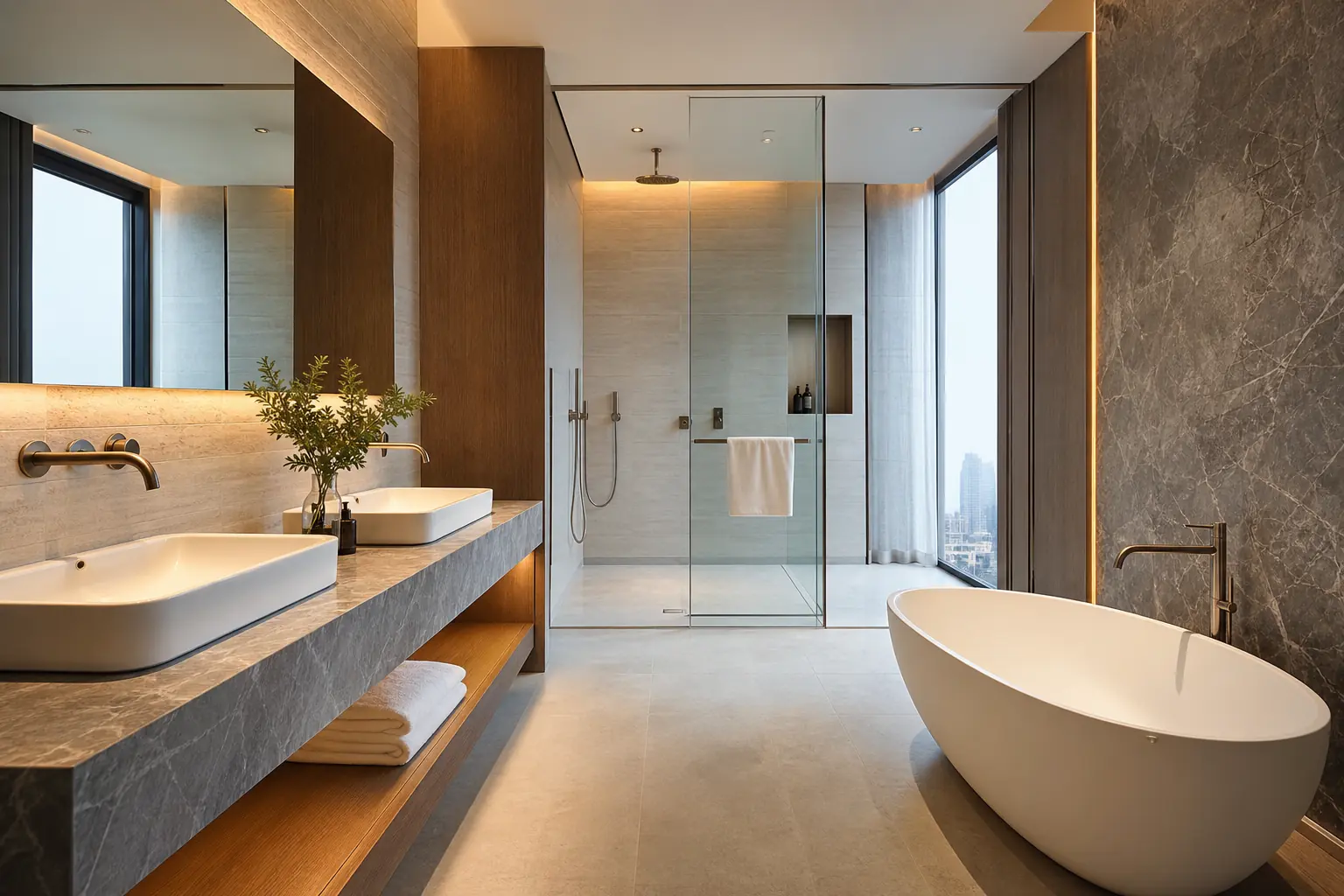 Coordinated contemporary bathroom with vanity, basin, faucet and shower enclosure