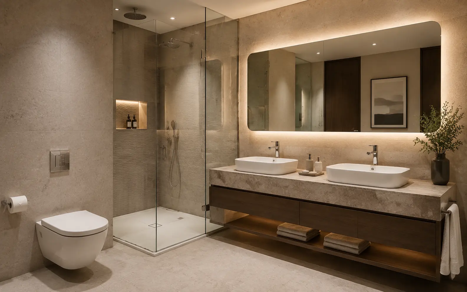 Commercial hotel bathroom with double vanity, toilet and shower enclosure