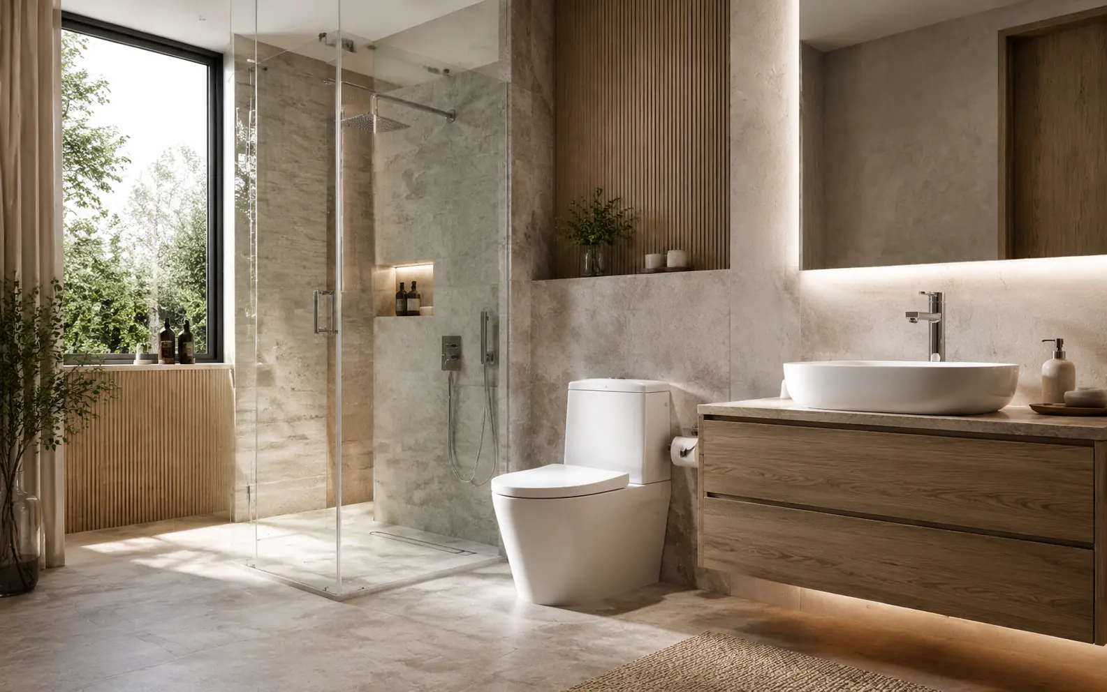 Warm residential bathroom with toilet, vanity and shower enclosure