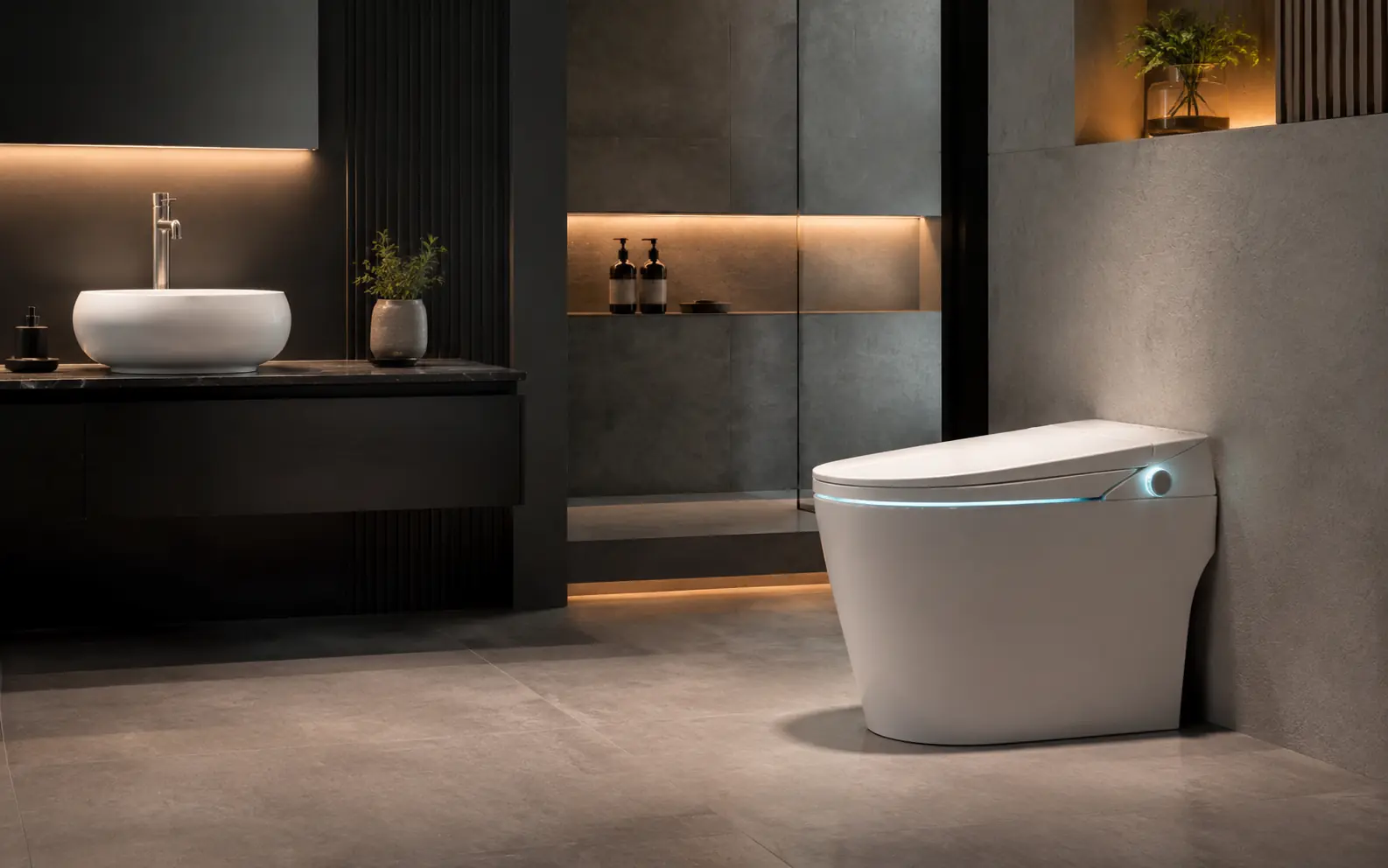 Contemporary smart bathroom with a technology-forward smart toilet