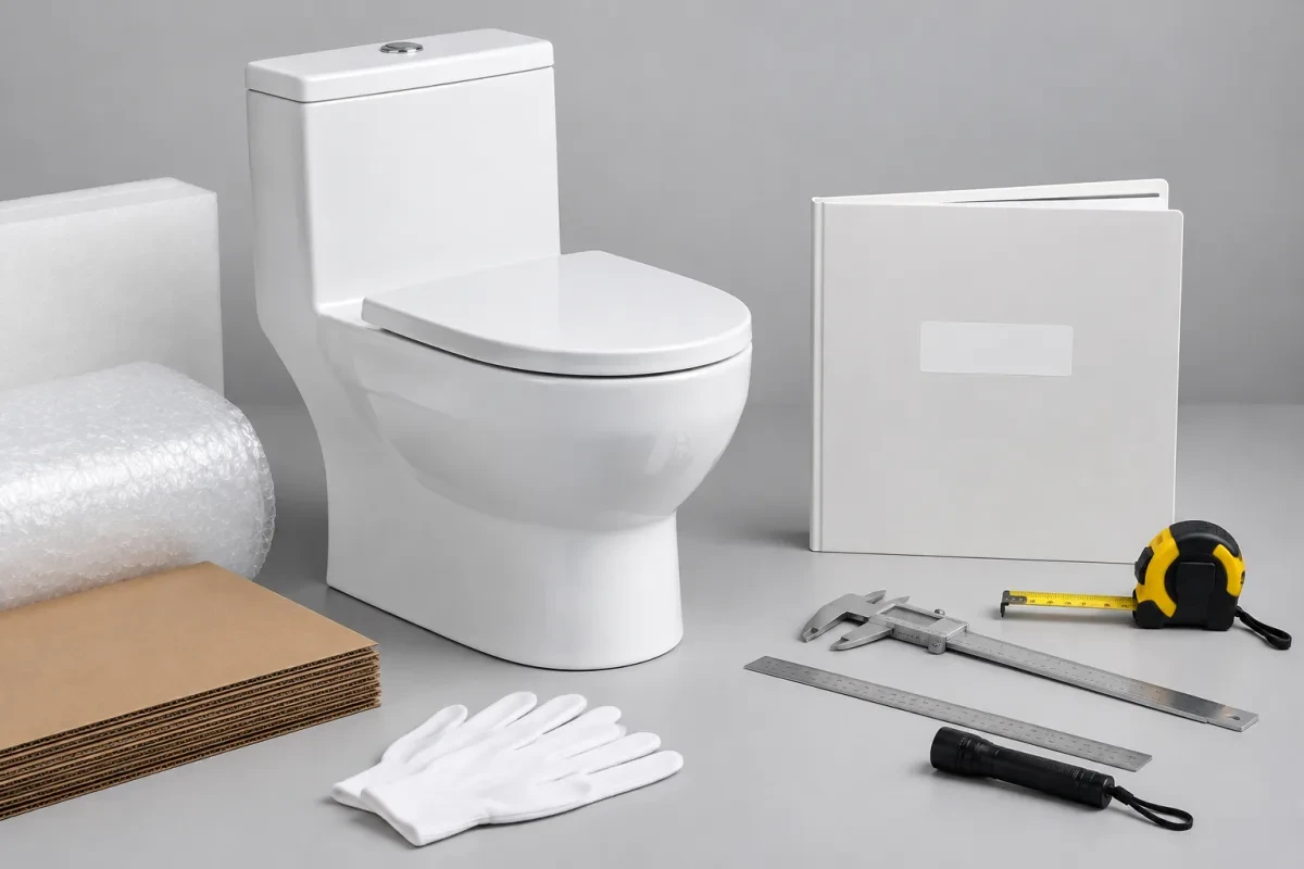 Illustrative toilet sample review scene with a blank sample folder, measuring tools and protective packaging materials