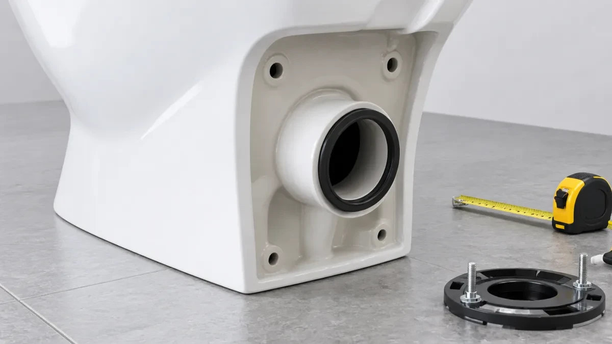 Illustrative toilet outlet interface concept with measuring tools, not a technical drawing