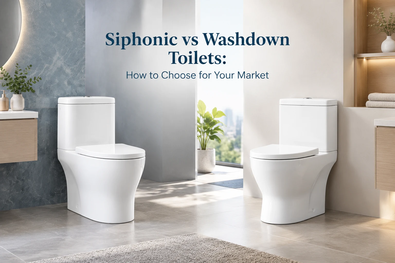 Two generic ceramic toilet styles in an illustrative showroom scene; not actual MICAWA models.