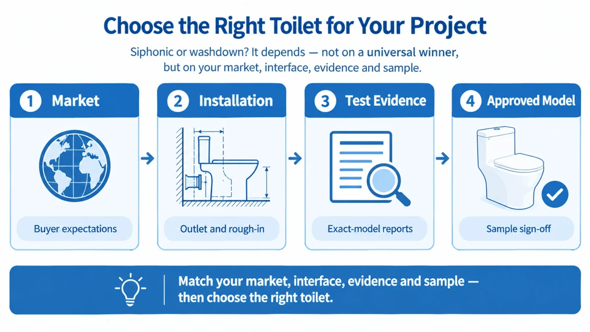 Four selection stages: market expectations, installation interface, exact-model test evidence and sample approval