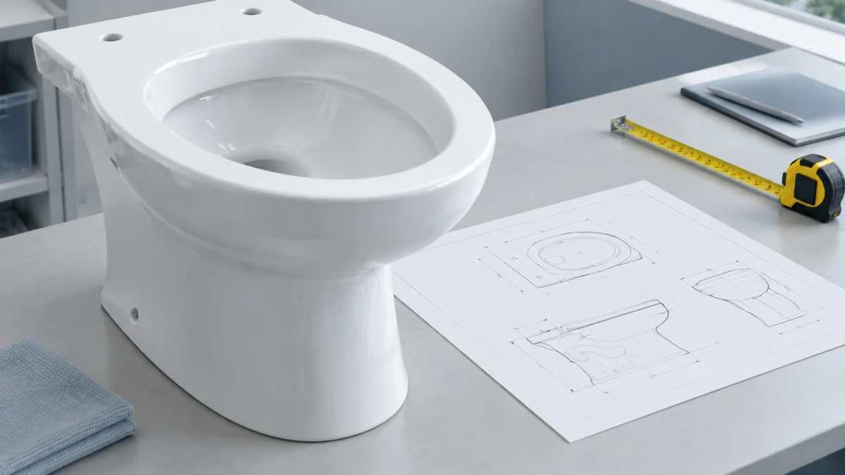AI-generated illustration of a ceramic toilet sample beside a schematic drawing and measuring tape
