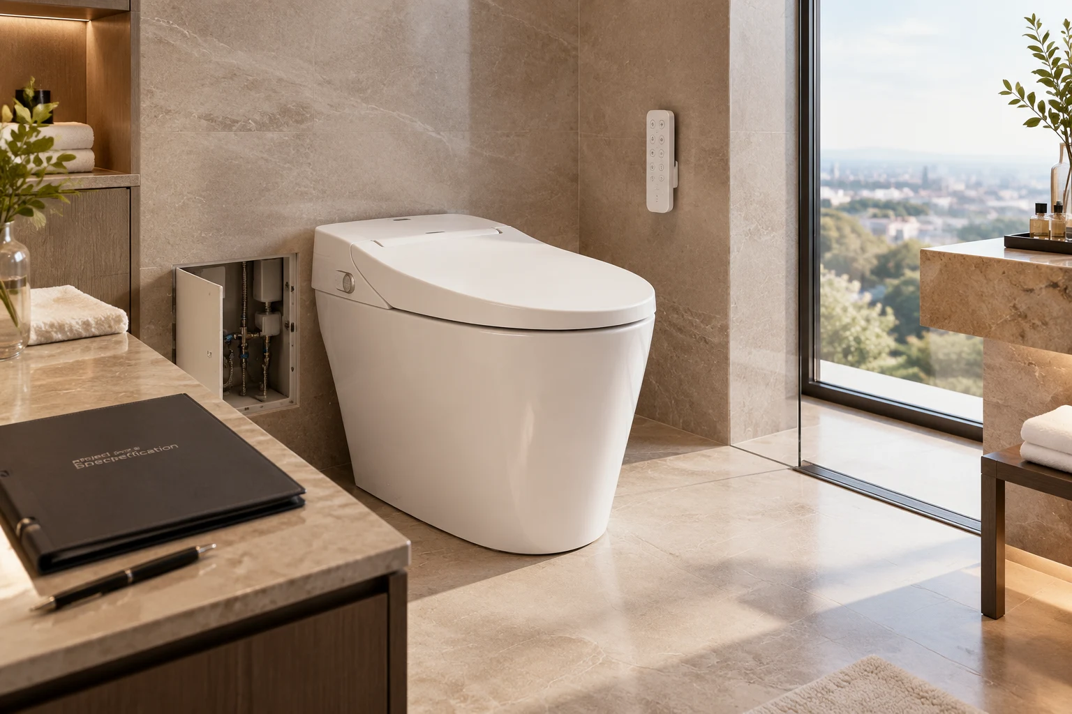 AI-generated concept of an unbranded smart toilet and wall-mounted remote in a hotel bathroom.