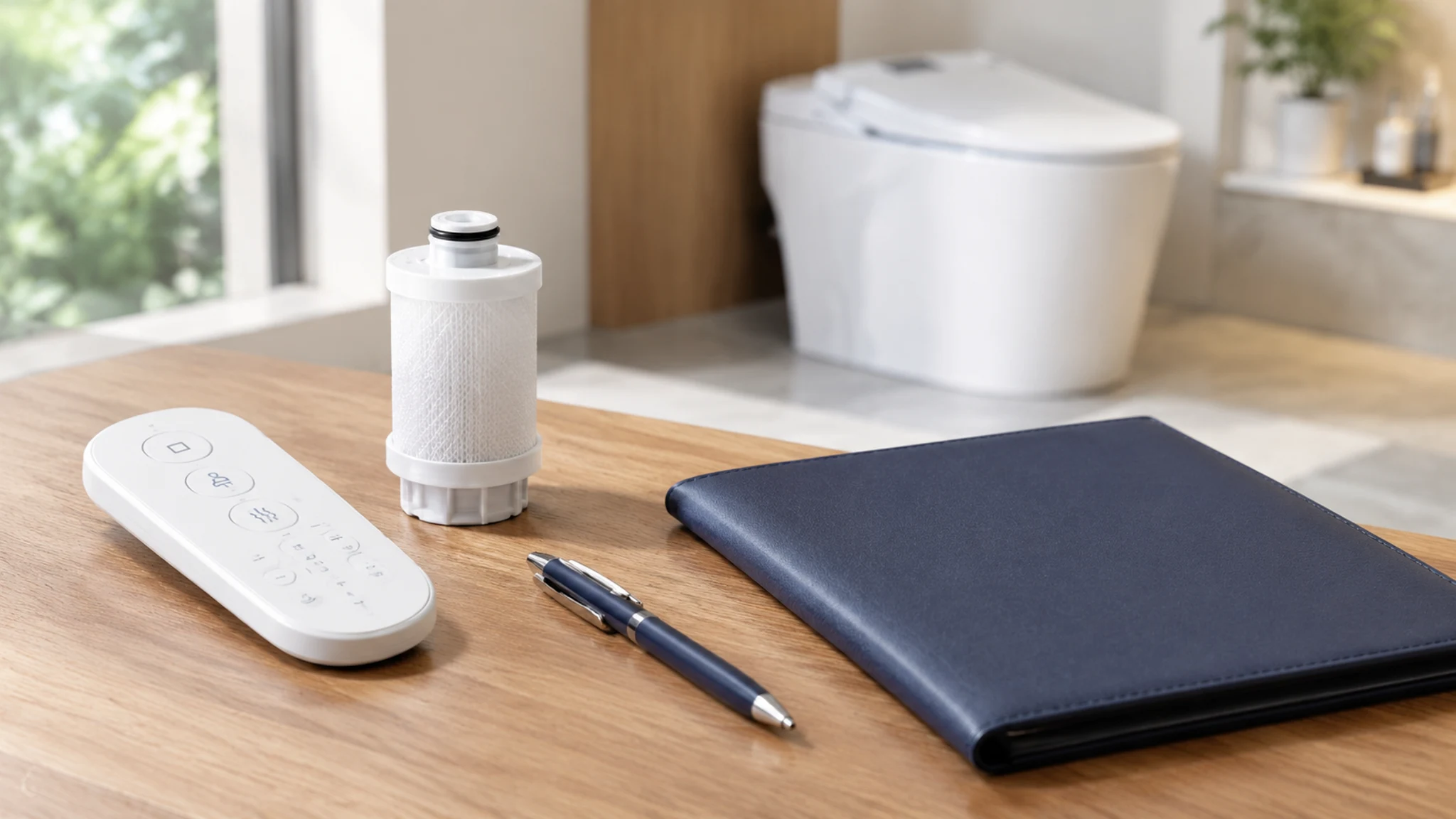 AI-generated service-planning concept with a generic control handset, filter cartridge, and closed folder.