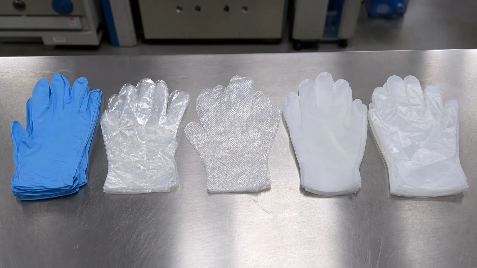 Five nitrile glove alternatives compared: nitrile, PE, CPE, TPE and POE gloves side by side
