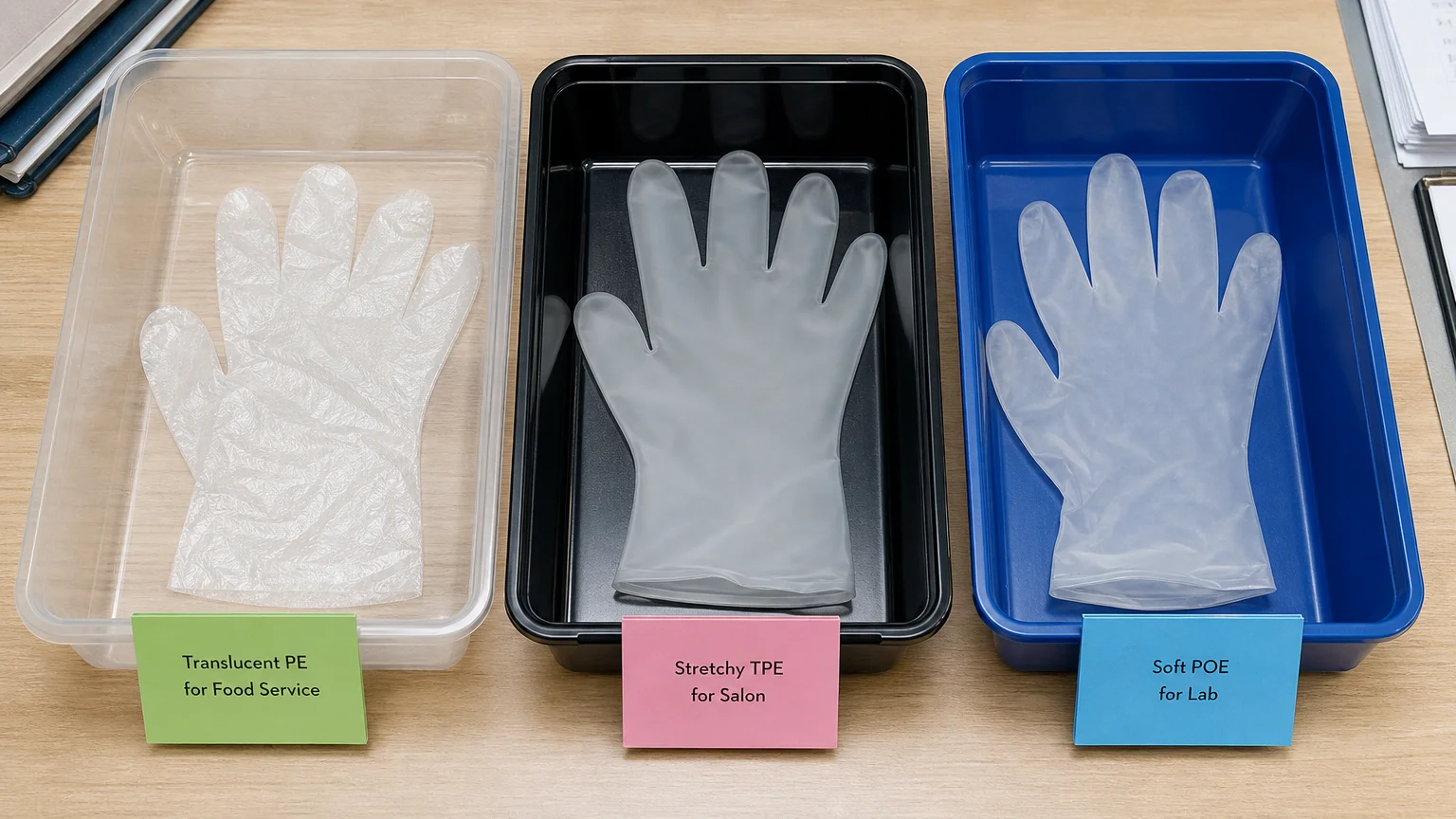 Glove samples sorted by use case: PE for food service, TPE for salon, POE for lab