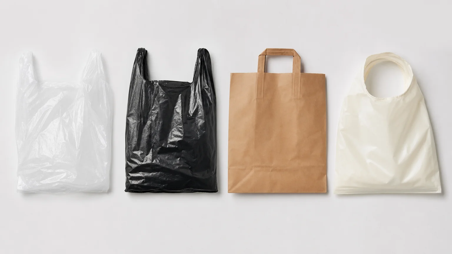 Compostable shopping bag compared with banned thin plastic, thick reusable plastic, and recycled paper bags on a checkout counter