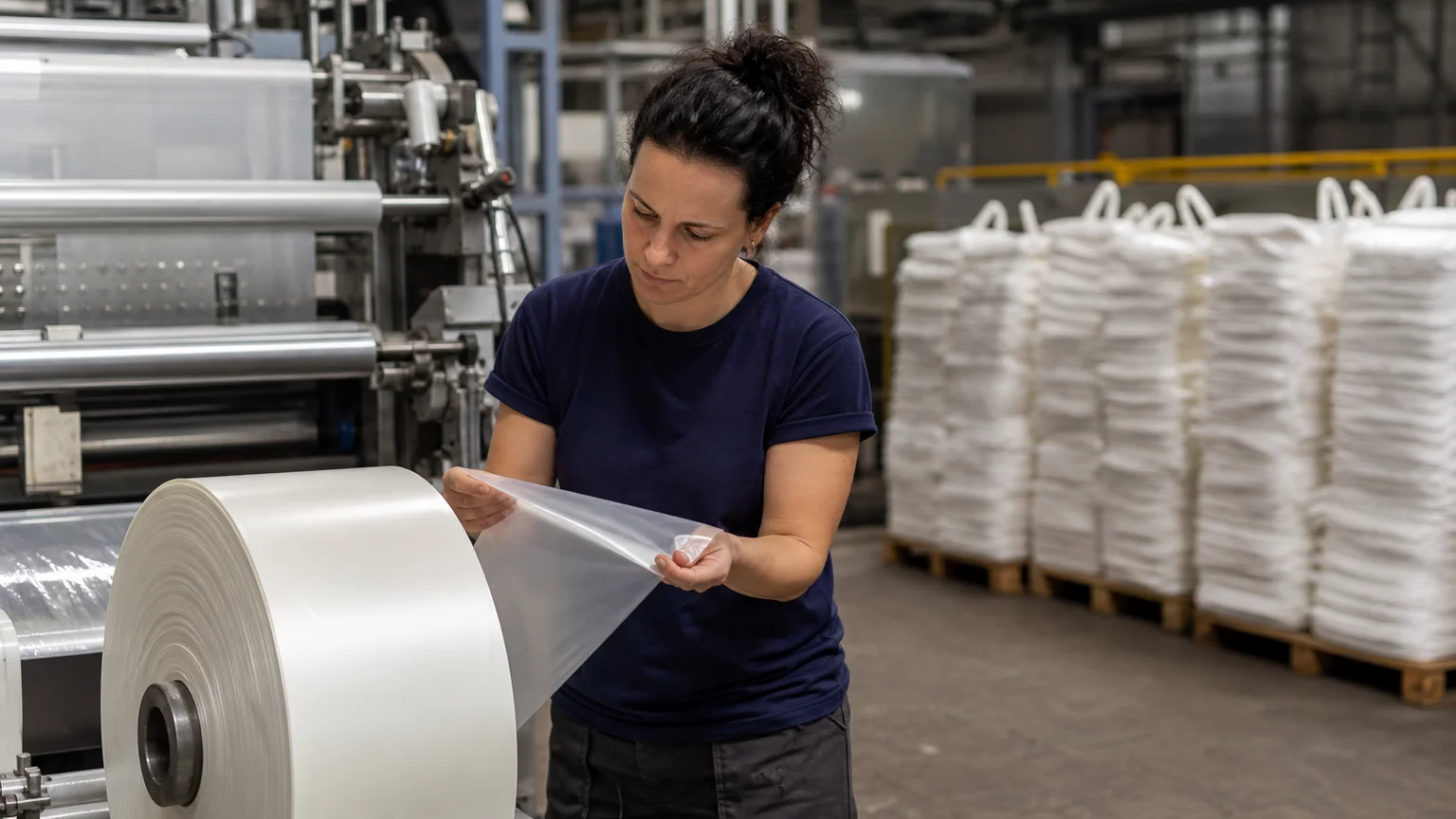 Quality inspector checking a roll of compostable biopolymer film on a factory production line