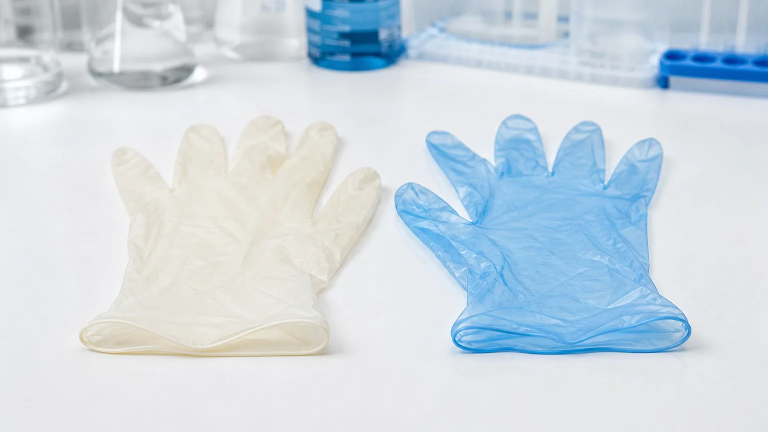 Side by side comparison of PLA-PBAT compostable glove and conventional POE glove showing material and color difference on a laboratory bench