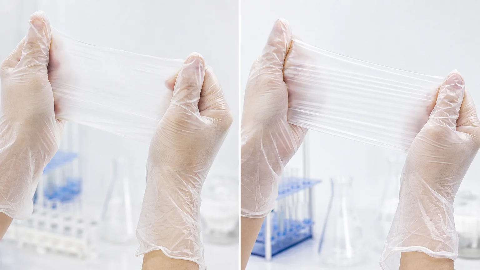 TPE glove versus POE glove elasticity comparison showing stretch and spring-back difference