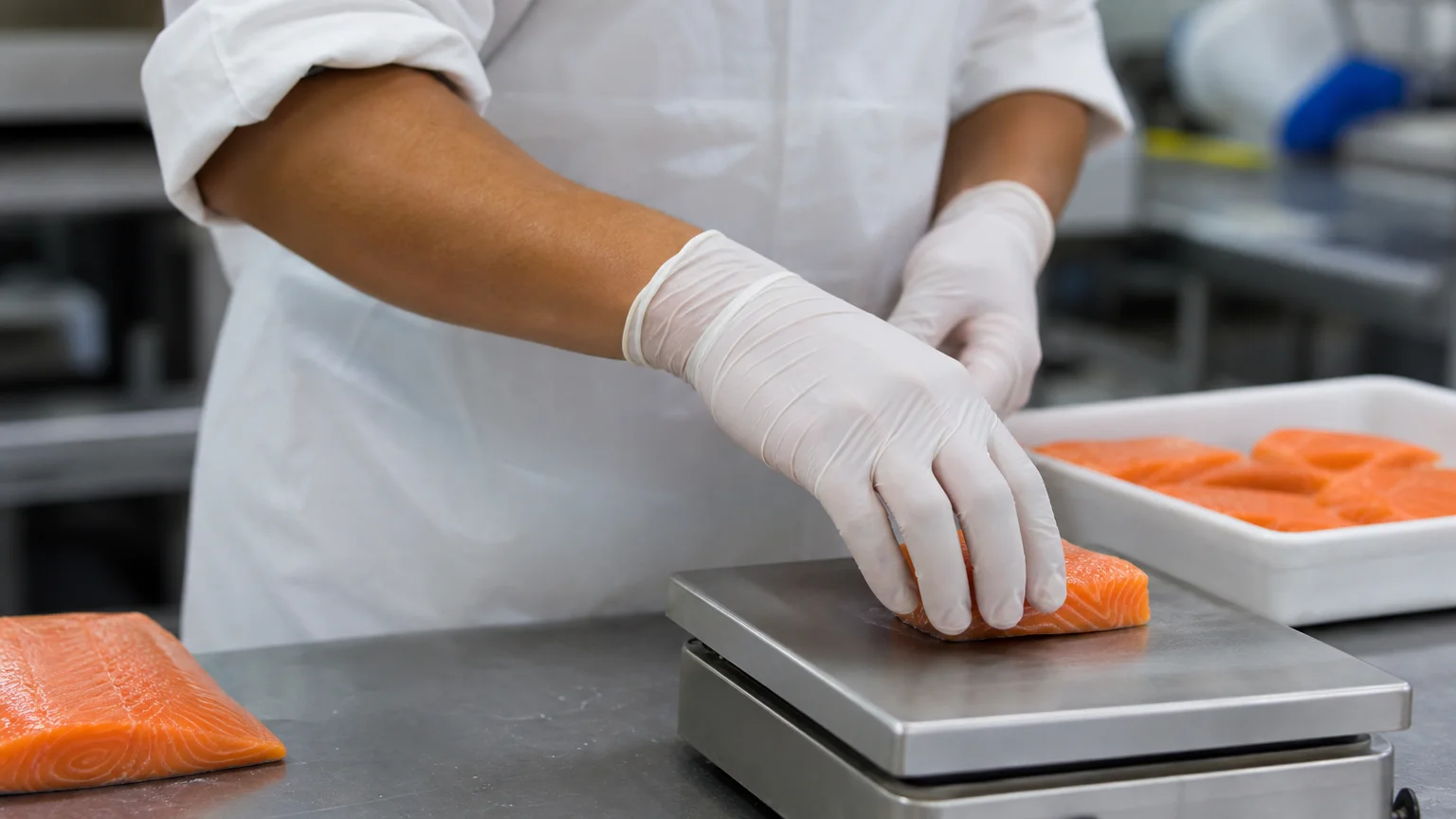 Worker wearing POE glove during food handling task showing form-fitting grip and comfort