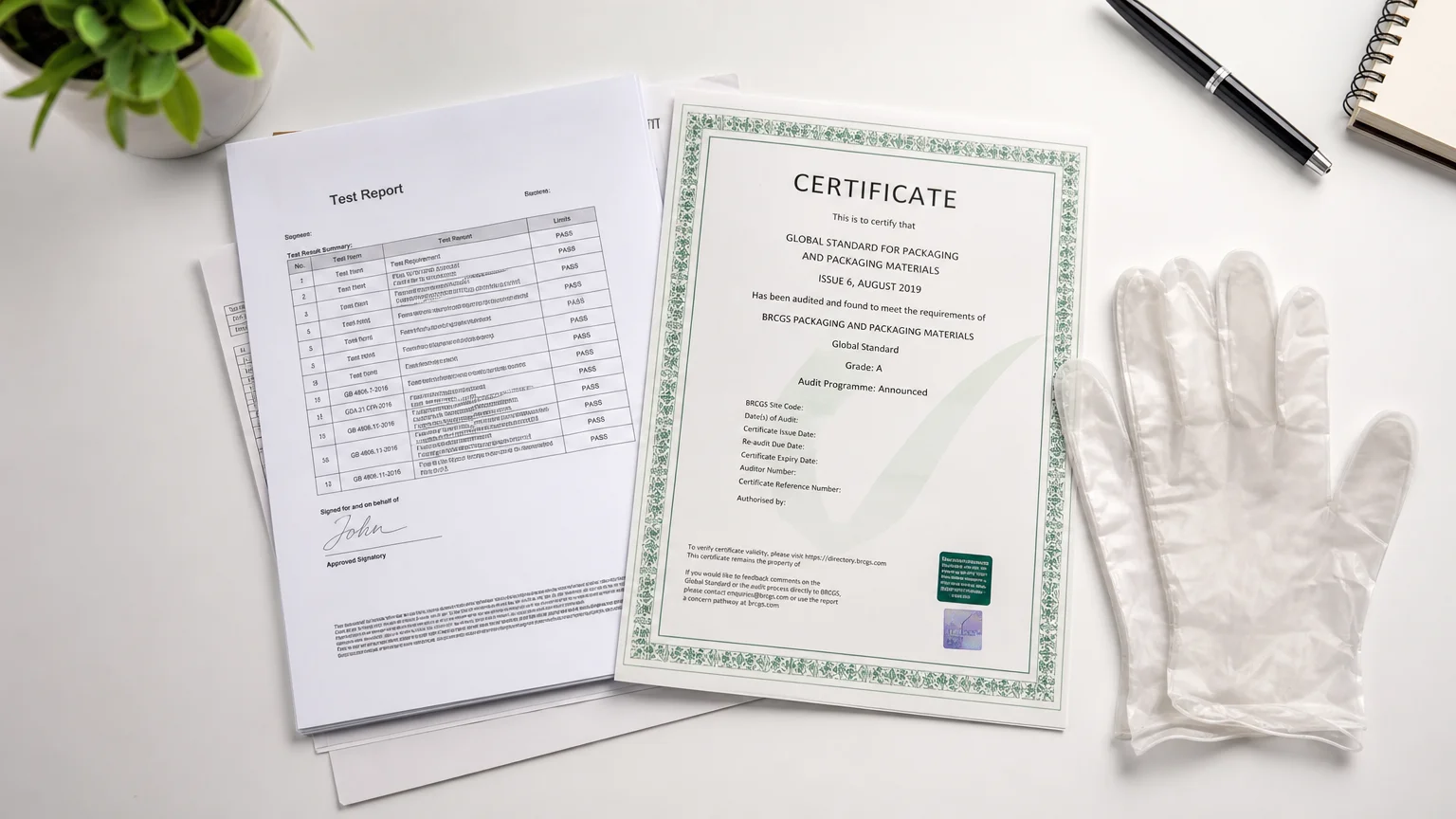 B2B compliance documents for food-safe TPE gloves including SGS test report and BRCGS certificate laid on a desk