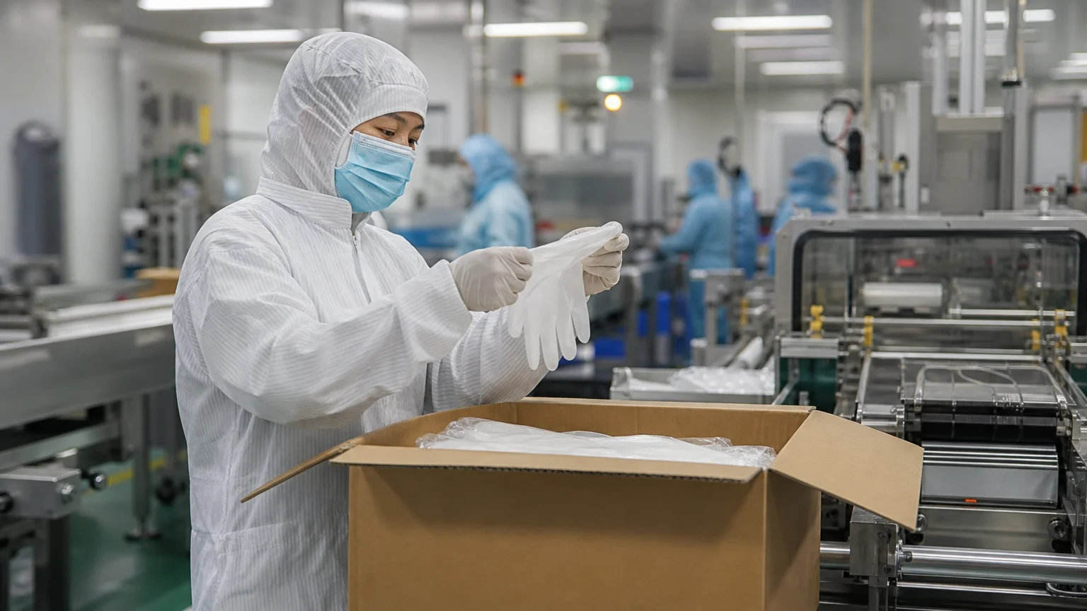 Worldchamp TPE disposable gloves on a clean production line in a Class 100000 clean workshop facility